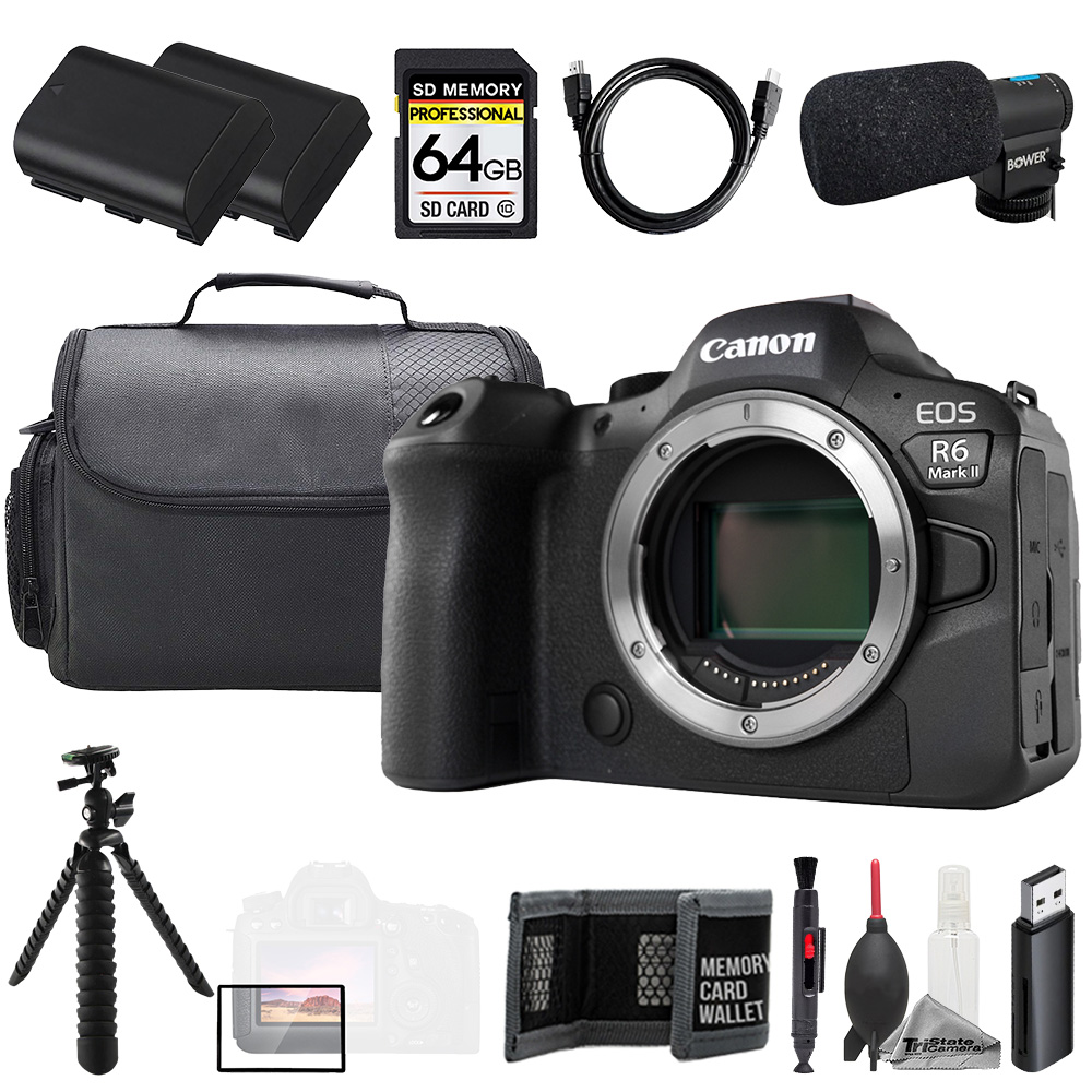 EOS R6 II (Body) + Mic + 64GB + Extra Battery+ Tripod- Accessory Kit *FREE SHIPPING*