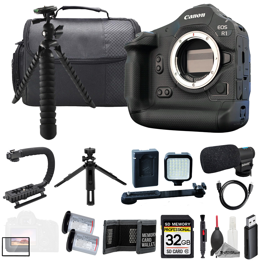 EOS R1 (Body) + Mic + 32GB + Extra Battery+ LED Flash- ULTIMATE Kit *FREE SHIPPING*
