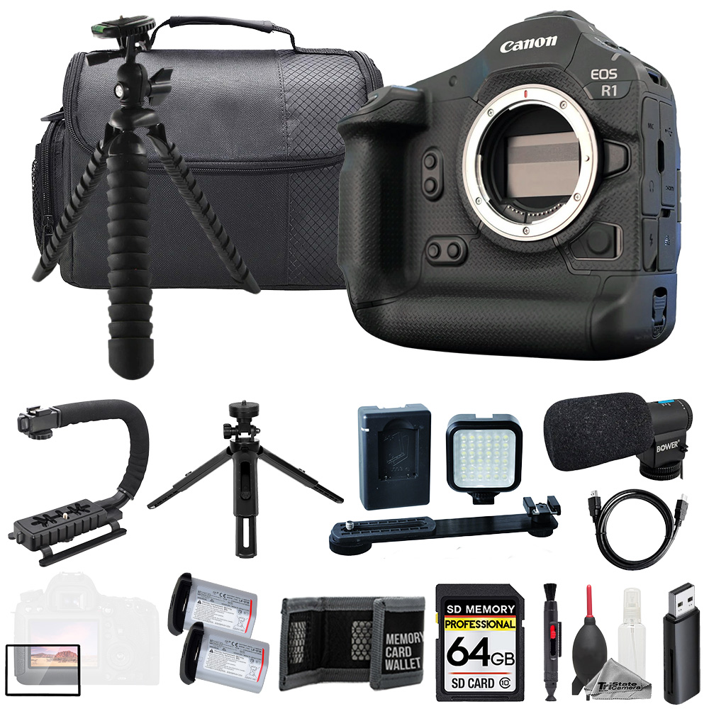 EOS R1 (Body) + Mic + 64GB + Extra Battery+ LED Flash- ULTIMATE Kit *FREE SHIPPING*