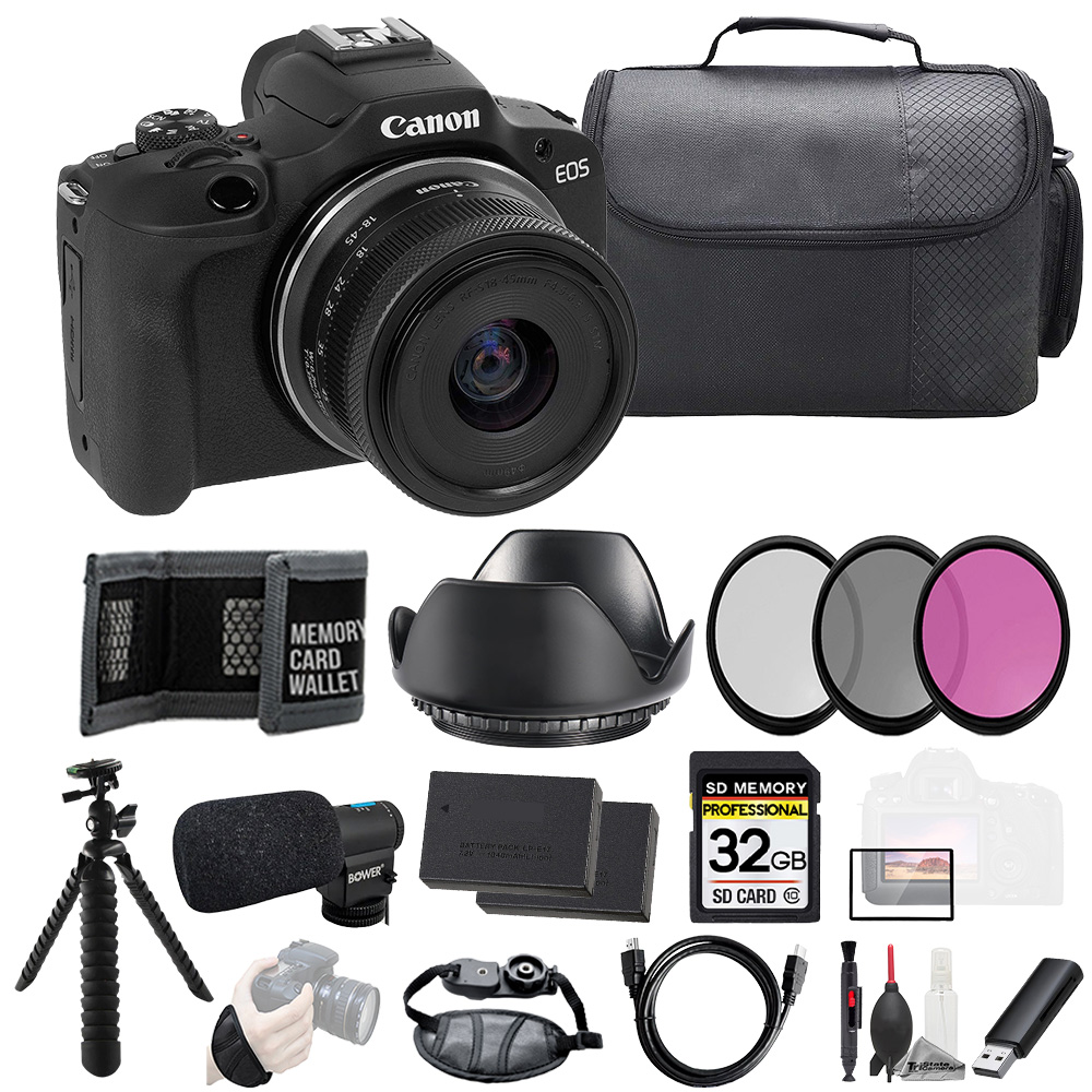 EOS R100 with 18-45mm Lens + Mic +32GB +Ext Bat+3 PC Filter- Kit *FREE SHIPPING*