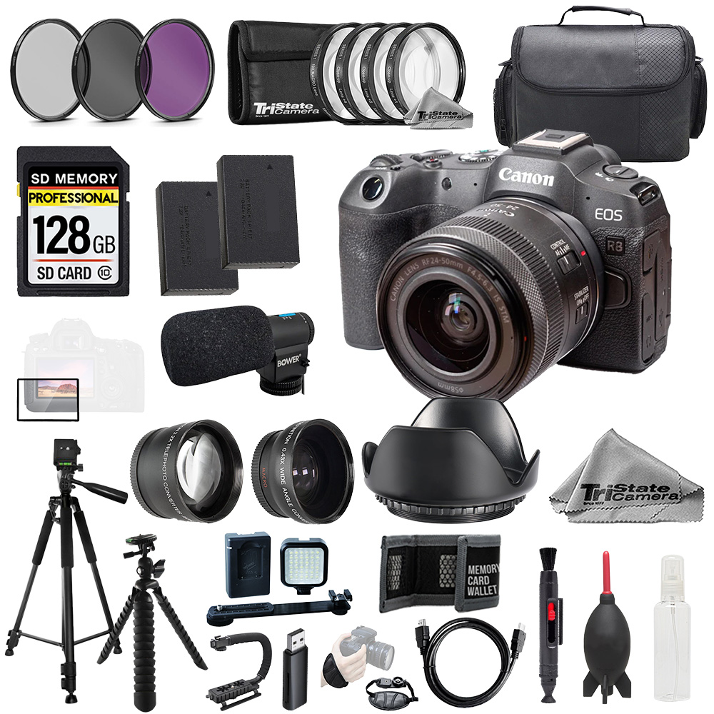 EOS R8 + RF 24-50mm IS STM Lens + Mic +128GB + 9 PC Filtr-MEGA Kit *FREE SHIPPING*