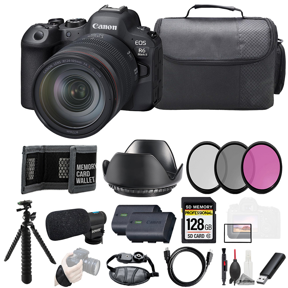 EOS R6 II w/ 24-105mm f/4 Lens + Mic +128GB +Ext Bat+3PC Filter- Kit *FREE SHIPPING*