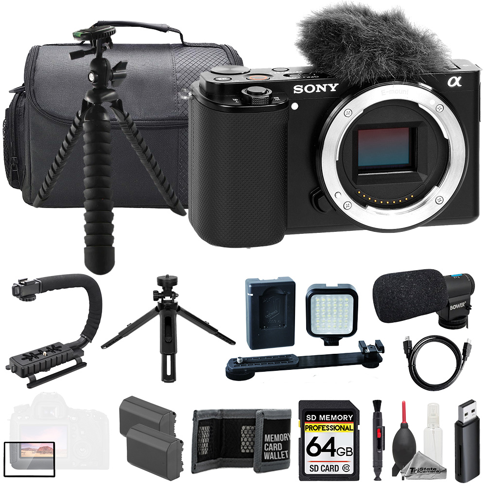 ZV-E10 Black (Body) + Mic + 64GB + Extra Battery+ LED Flash- ULTIMATE Kit *FREE SHIPPING*