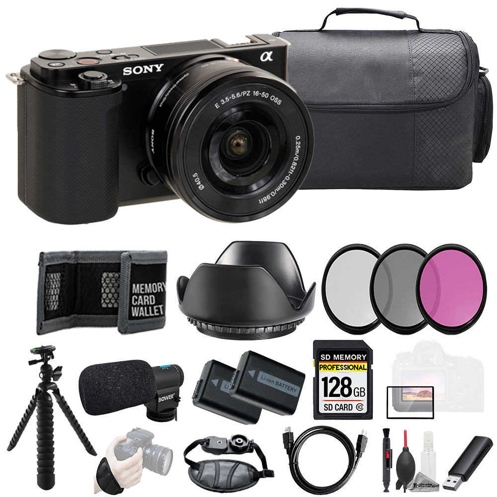 ZV-E10 Camera + 16-50mm Lens (Black) + Mic +128GB +Ext Bat+3PC Filter- Kit *FREE SHIPPING*