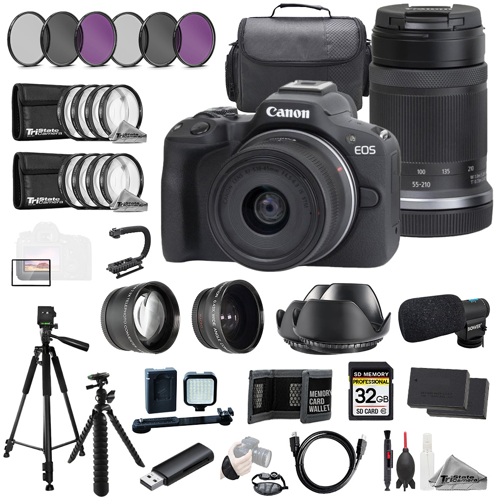 EOS R50 + 18-45mm & 55-210mm Lenses (Black) + Mic+32GB+9 PC Filtr-MEGA Kit *FREE SHIPPING*