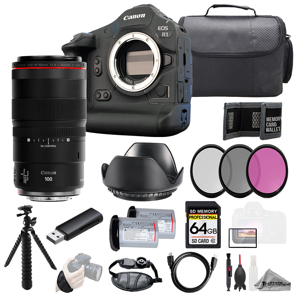 EOS R1 + RF 100mm f/2.8L Macro IS USM Lens+64GB+Ext Bat+3PC Filter-Kit *FREE SHIPPING*