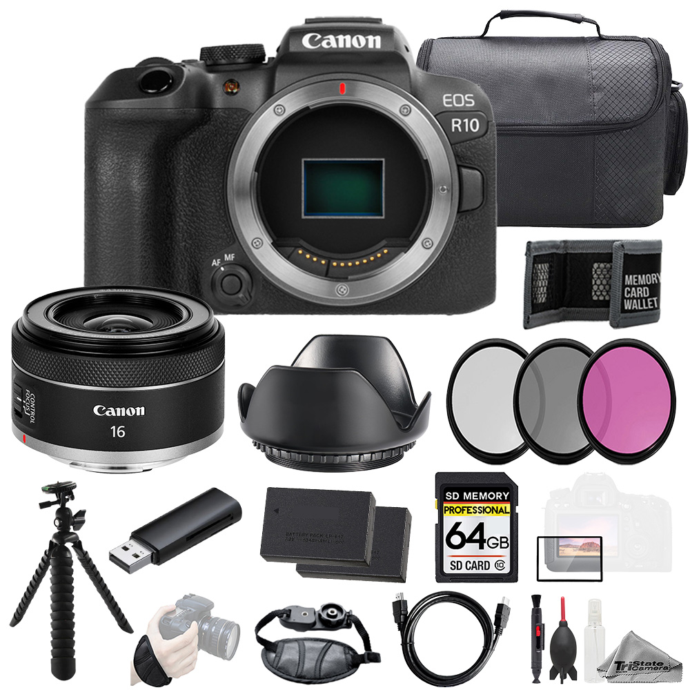 EOS R10 + RF 16mm f/2.8 STM Lens+64GB+Ext Bat+3PC Filter-Kit *FREE SHIPPING*