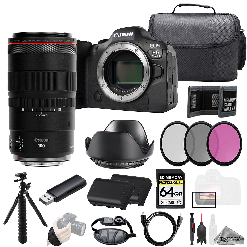 EOS R6 II + RF 100mm f/2.8 L Macro IS USM Lens +64GB + 3 PC Filter- Kit *FREE SHIPPING*
