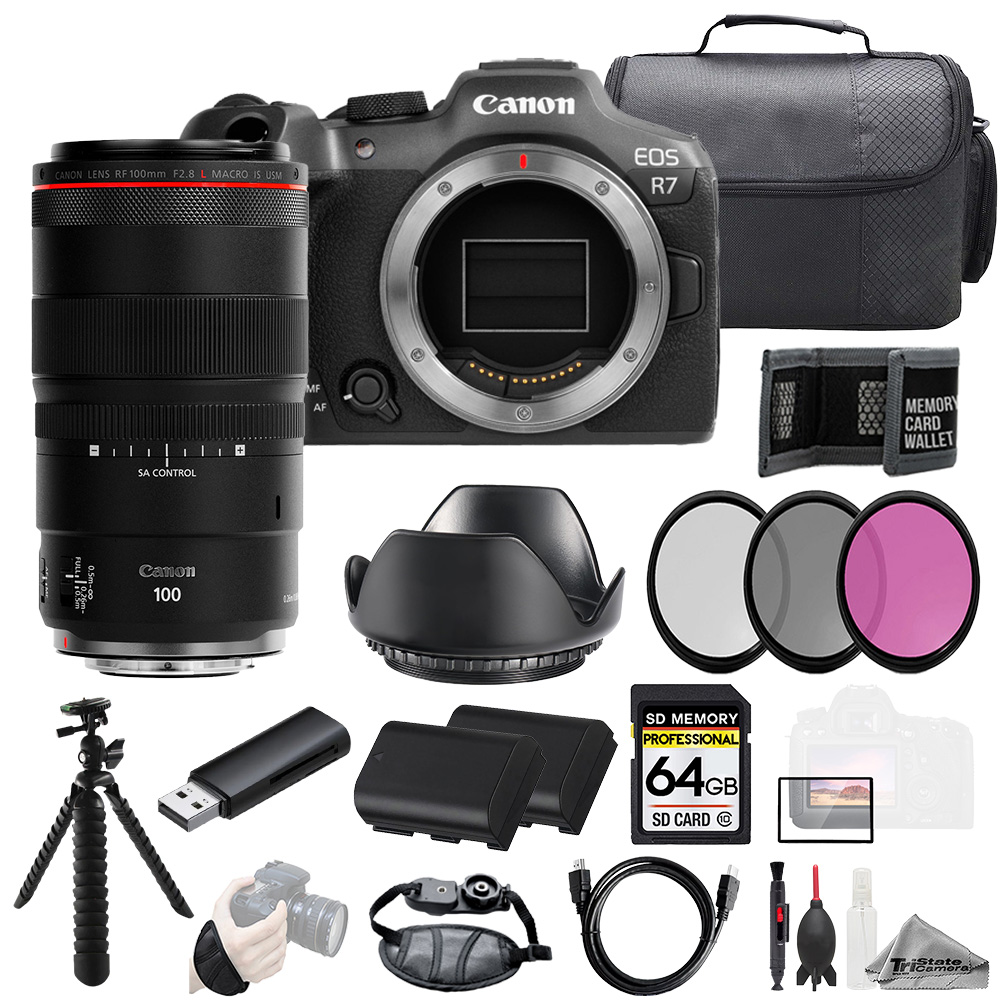 EOS R7 + RF 100mm f/2.8L Macro IS USM Lens +64GB+Ext Bat+ 3 PC Filter- Kit *FREE SHIPPING*