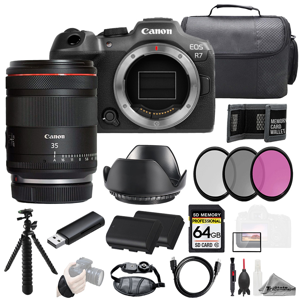 EOS R7 + RF 35mm f/1.4 L VCM Lens +64GB +Ext Bat+ 3 PC Filter- Kit *FREE SHIPPING*