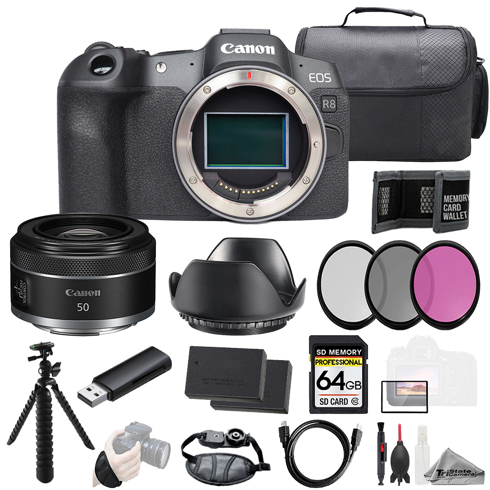 EOS R8 + Canon RF 50mm f/1.8 STM Lens+64GB+Ext Bat+3PC Filter-Kit *FREE SHIPPING*