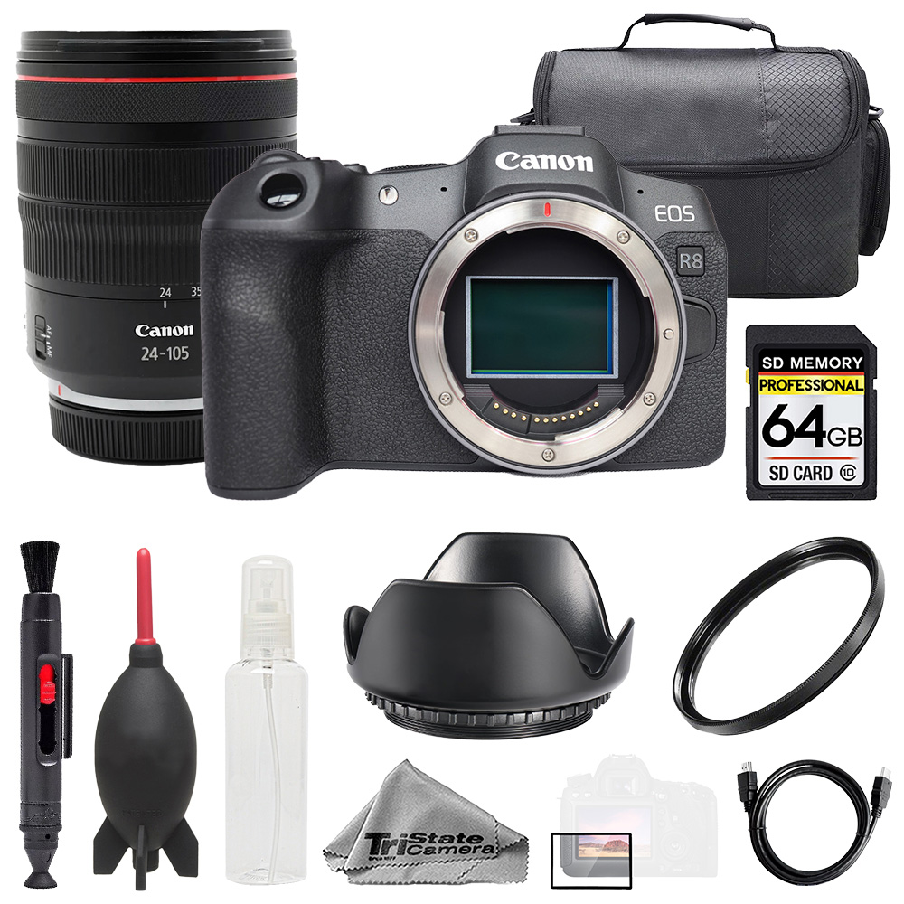 EOS R8 + RF 24-105mm f/4L IS USM Lens +64GB+ UV Filter- Basic Kit *FREE SHIPPING*