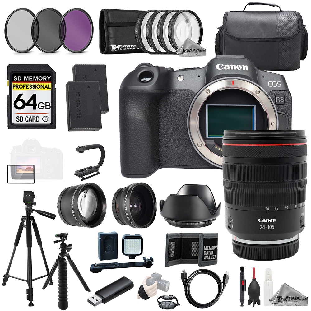 EOS R8 + RF 24-105mm f/4L IS USM Lens+64GB+ExtBat+9PCFltr-MEGAKit *FREE SHIPPING*