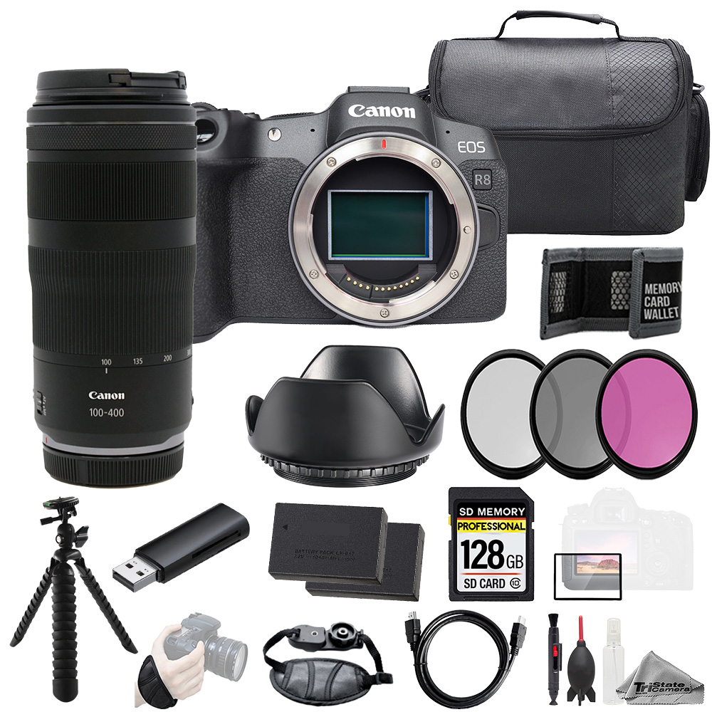 EOS R8 + RF 100-400mm f/5.6-8 IS USM Lens+128GB+ExtBat+3PC Filter-Kit *FREE SHIPPING*