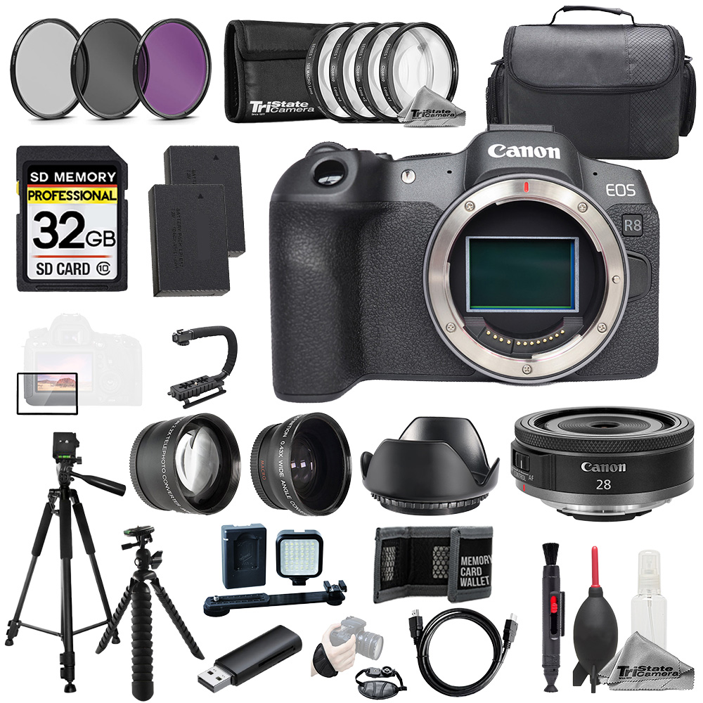 EOS R8 + RF 28mm f/2.8 STM Lens+32GB+ExtBat+9PCFltr-MEGAKit *FREE SHIPPING*