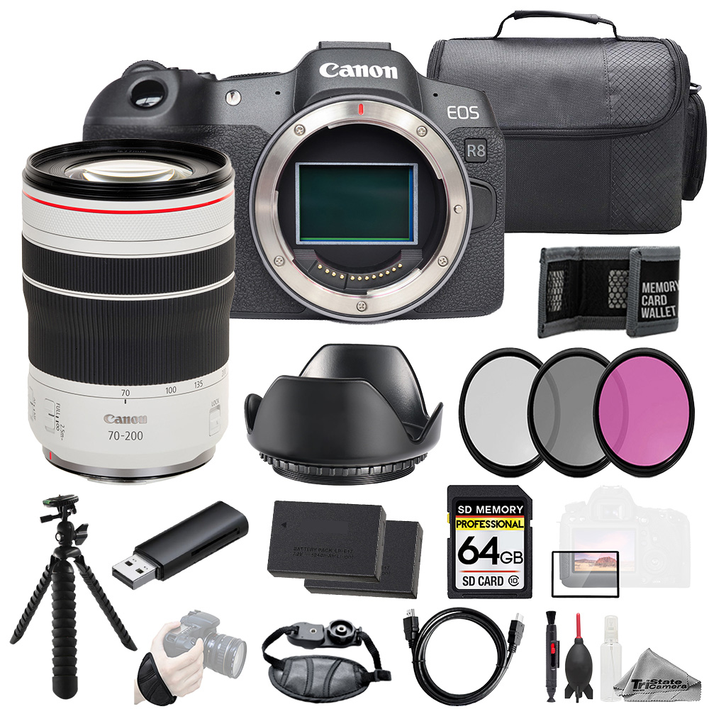 EOS R8 + RF 70-200mm f/4 L IS USM Lens+64GB+Ext Bat+3PC Filter-Kit *FREE SHIPPING*