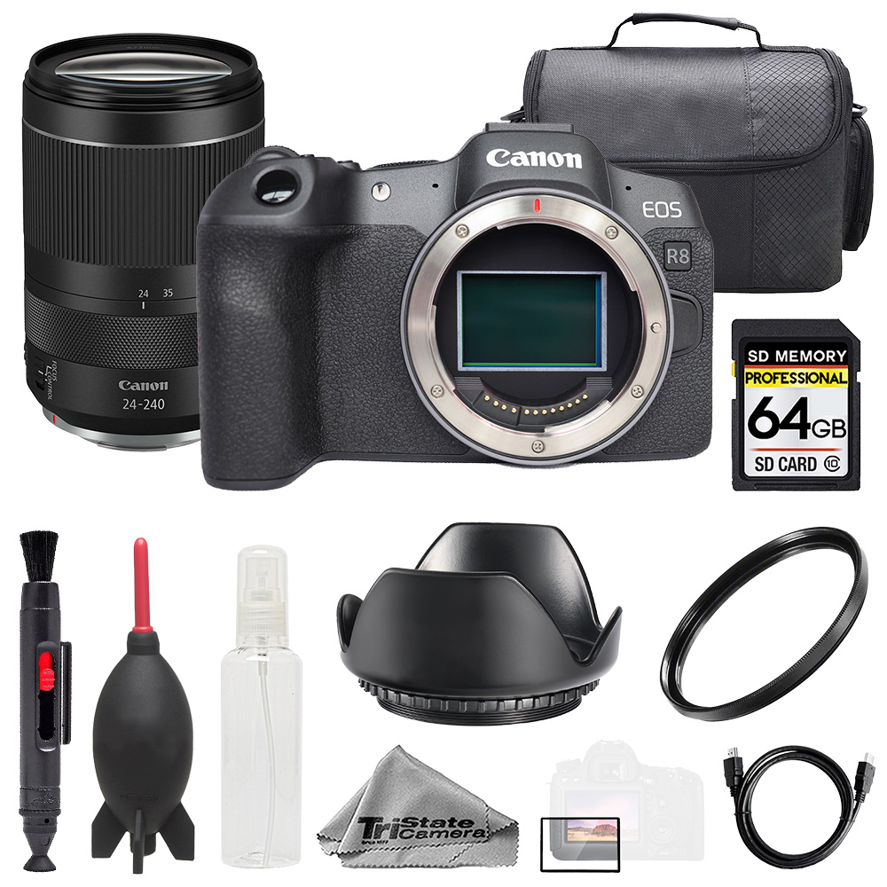 EOS R8 + RF 24-240mm f/4-6.3 IS USM Lens +64GB+ UV Filter- Basic Kit *FREE SHIPPING*