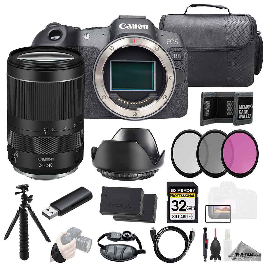 EOS R8 + RF 24-240mm f/4-6.3 IS USM Lens+32GB+Ext Bat+3PC Filter-Kit *FREE SHIPPING*