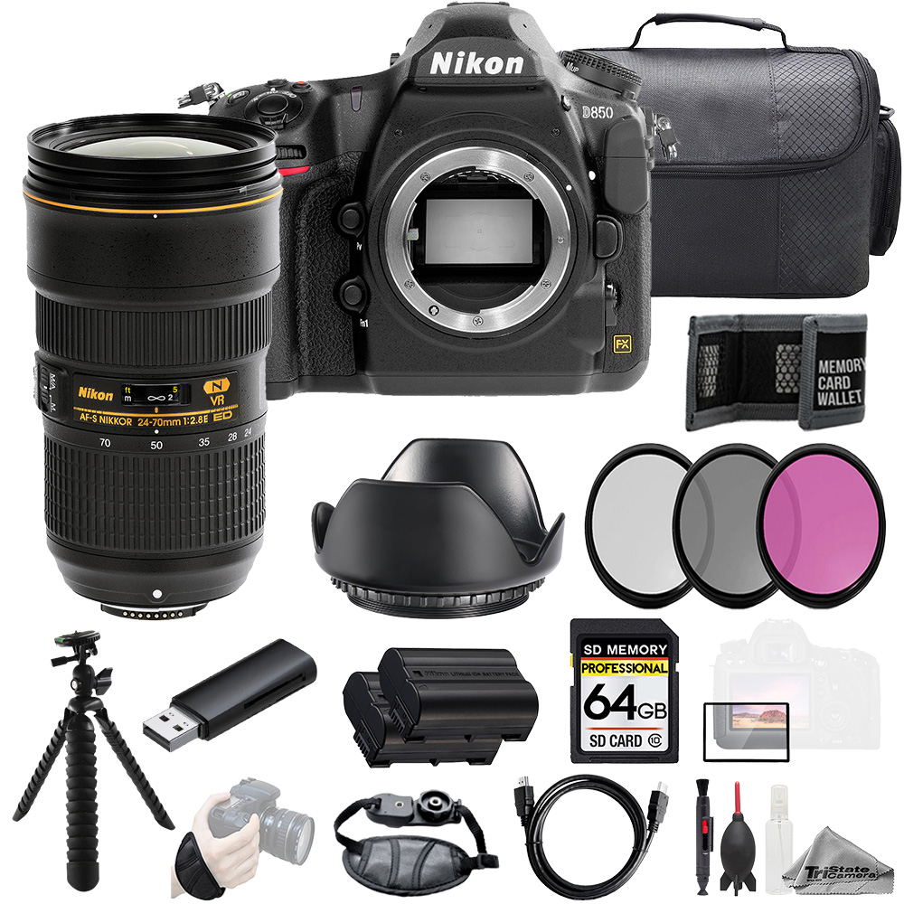 D850 + 24-70mm f/2.8E ED VR Lens +64GB + Ext Bat+ 3 PC Filter- Kit *FREE SHIPPING*