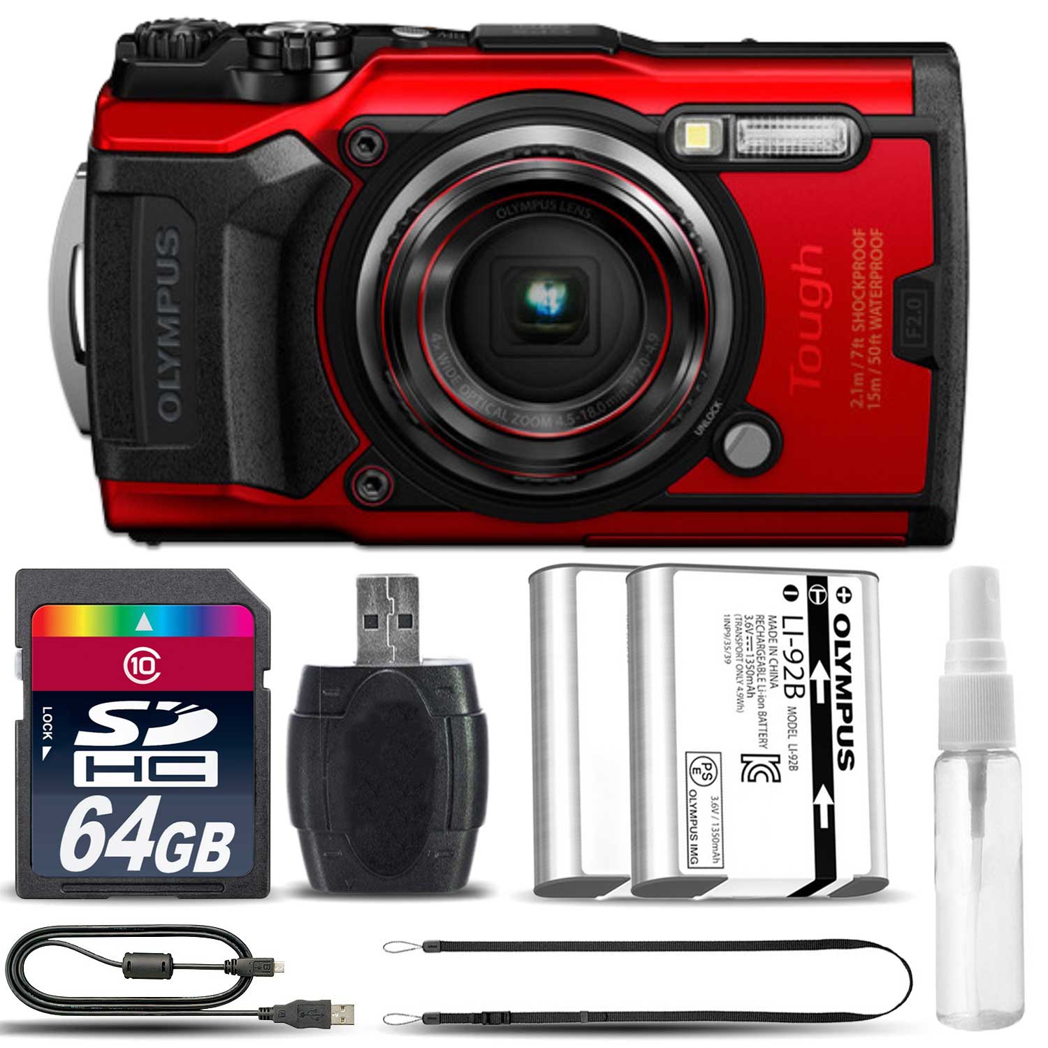 TOUGH TG-6 Digital Waterproof Camera (Red) + Extra Battery - 64GB Kit *FREE SHIPPING*