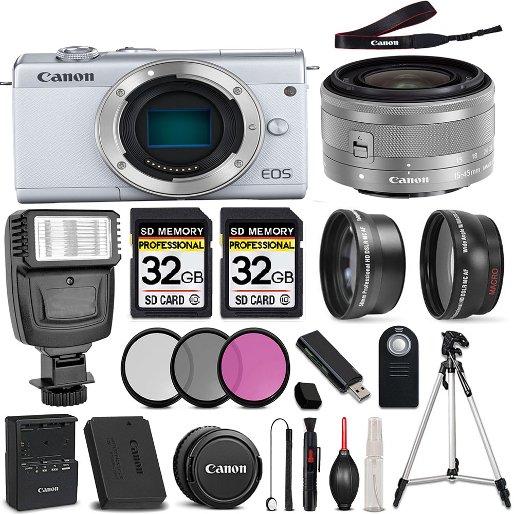 EOS M200 Mirrorless DSLR Camera White + 15-45mm STM LENS + 64GB + 3 Piece Filter Set *FREE SHIPPING*
