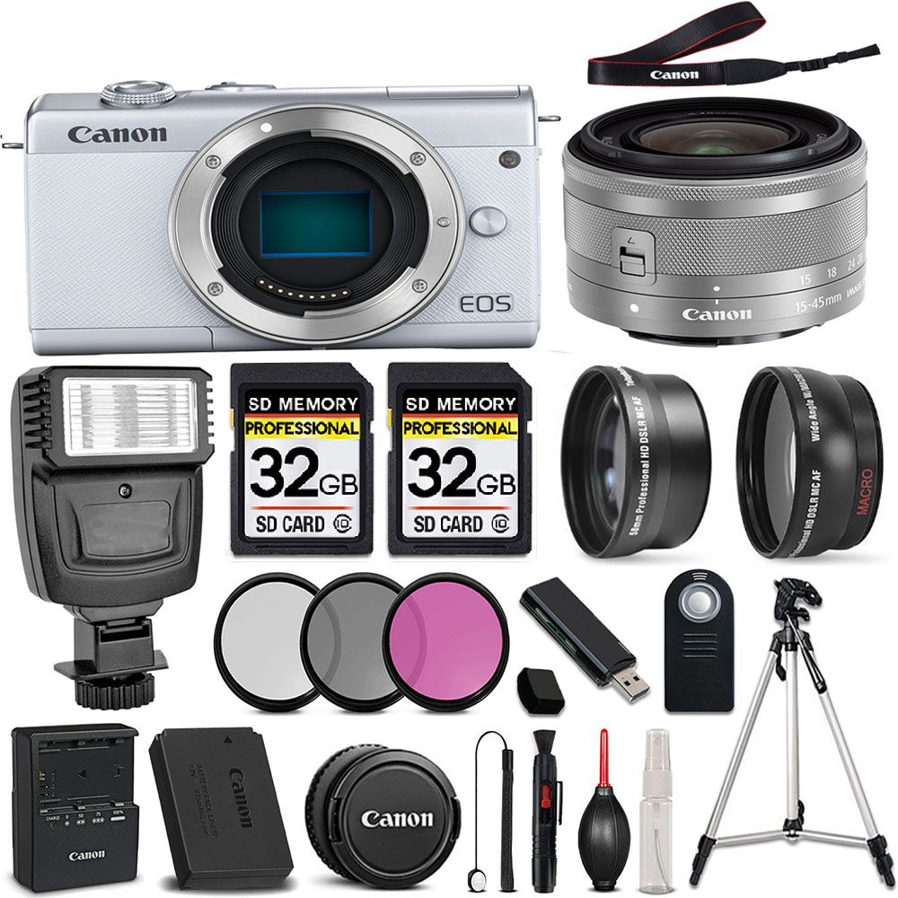 EOS M200 Mirrorless Digital SLR Camera White - 3 Lens Kit + 64GB + PRO FLASH *FREE SHIPPING*