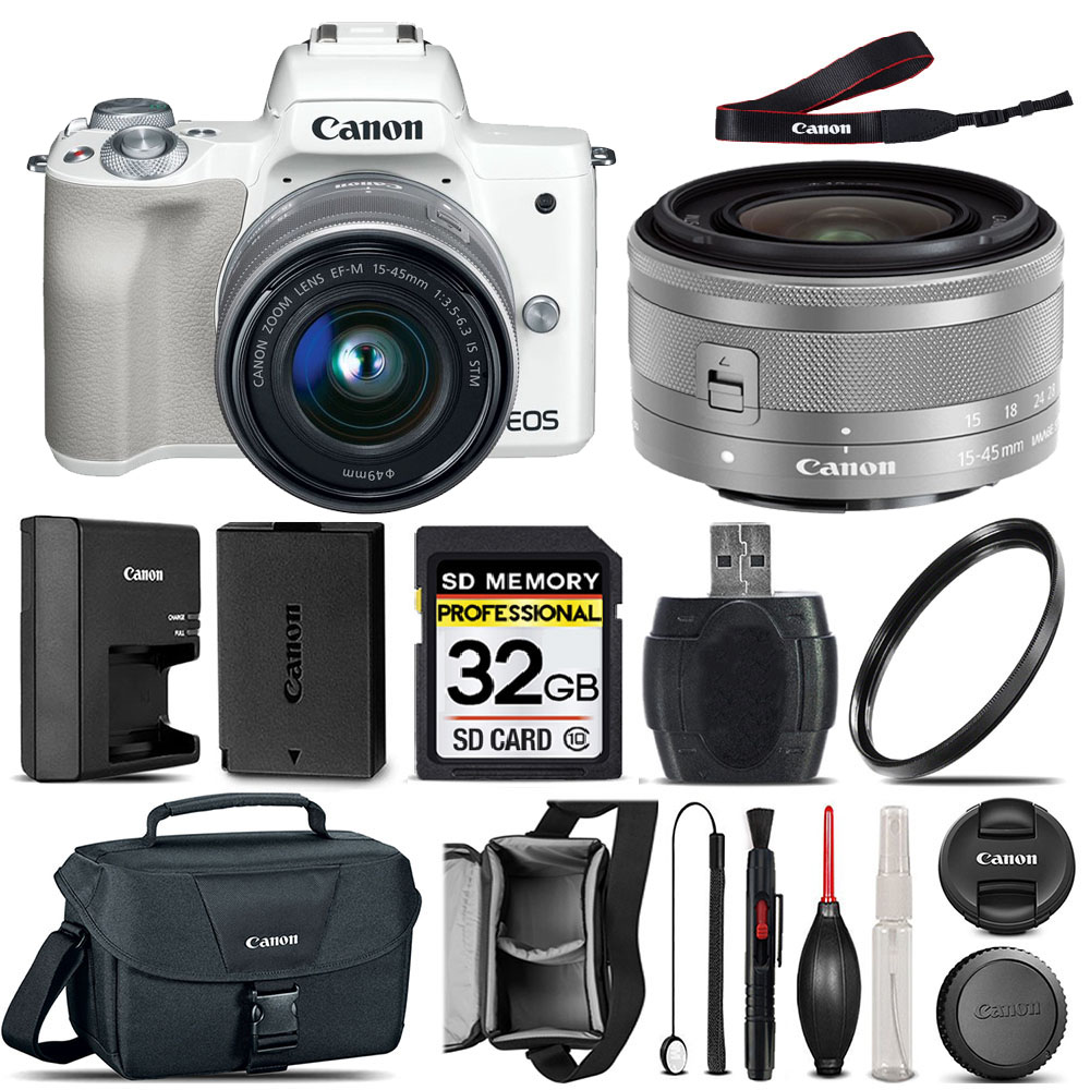 EOS M50 Kiss-M DSLR Camera White + 15-45mm STM +Canon Case 100ES + UV - 32GB *FREE SHIPPING*