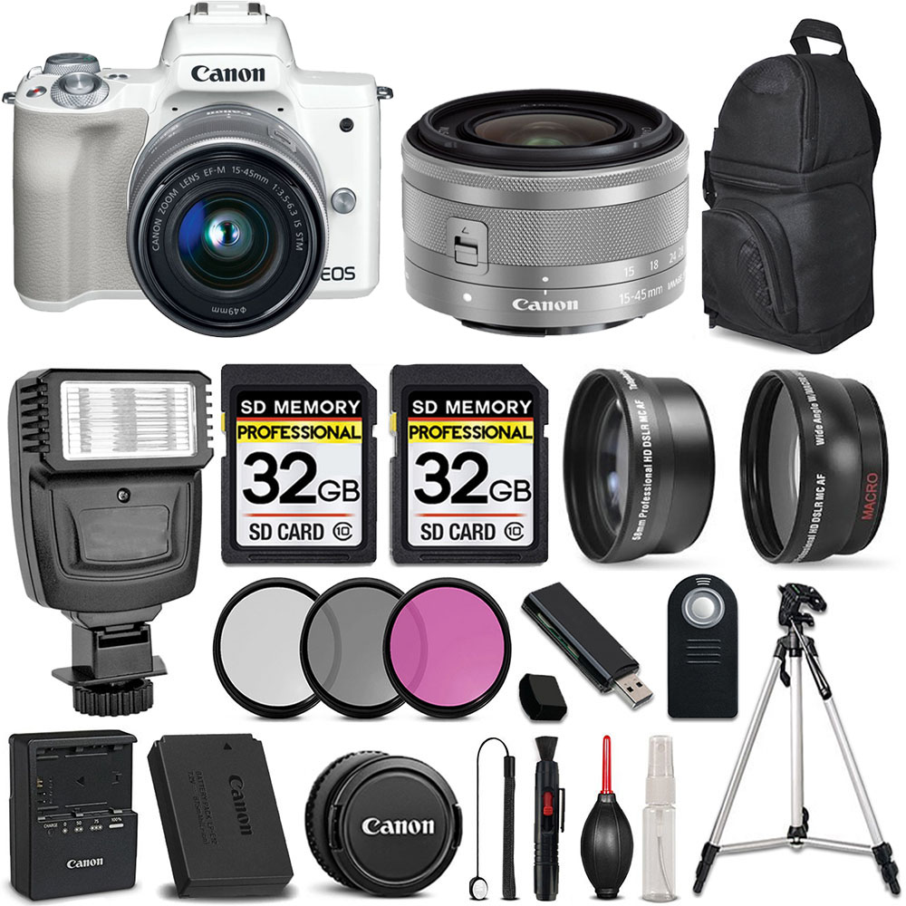 EOS M50 Kiss-M Mirrorless Camera White + 15-45mm STM LENS + 64GB + 3 Piece Filter Set *FREE SHIPPING*