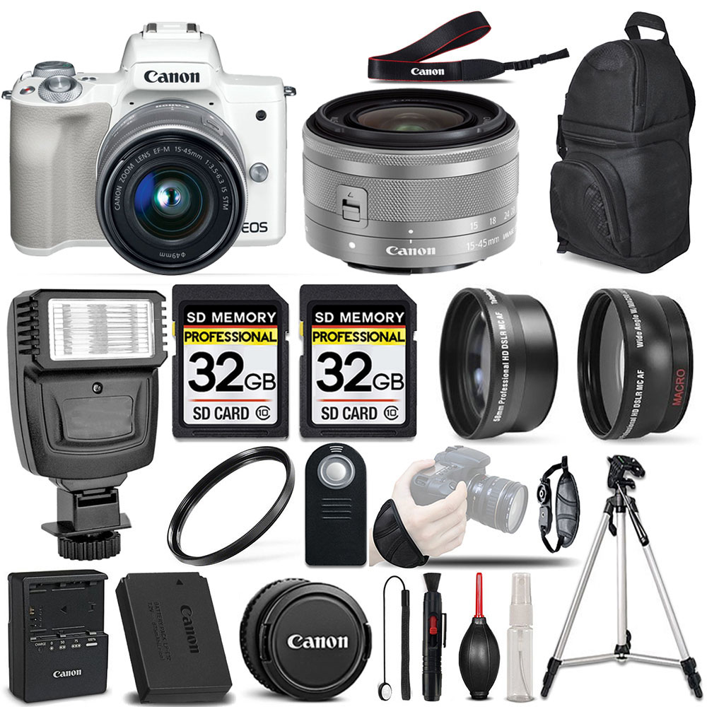 EOS M50 Kiss-M Mirrorless Digital Camera White - 3 Lens + 64GB + PRO FLASH *FREE SHIPPING*