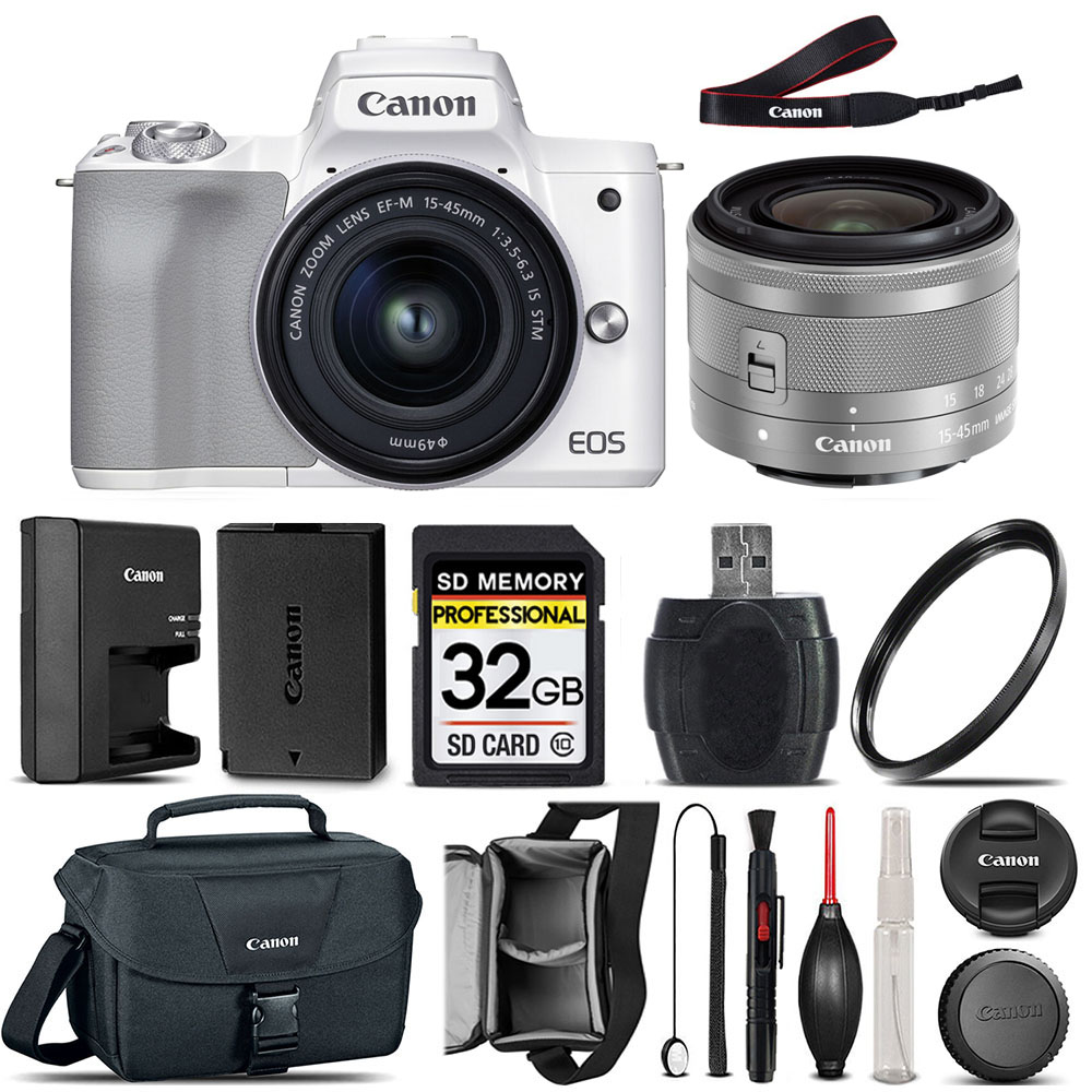 EOS M50 II DSLR Camera White + 15-45mm STM + Canon Case 100ES + UV - 32GB *FREE SHIPPING*