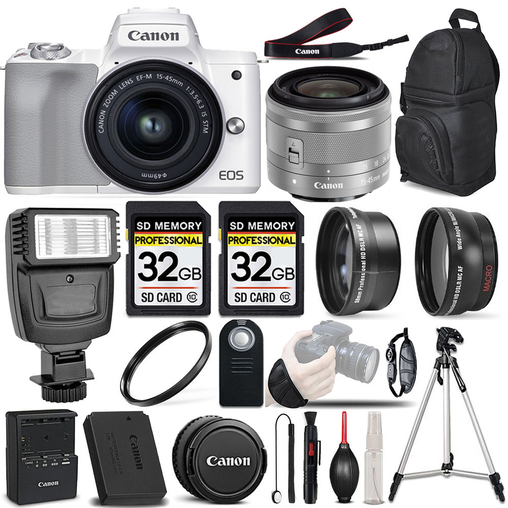 EOS M50 II Mirrorless Digital SLR Camera White -3 Lens +64GB + PRO FLASH *FREE SHIPPING*