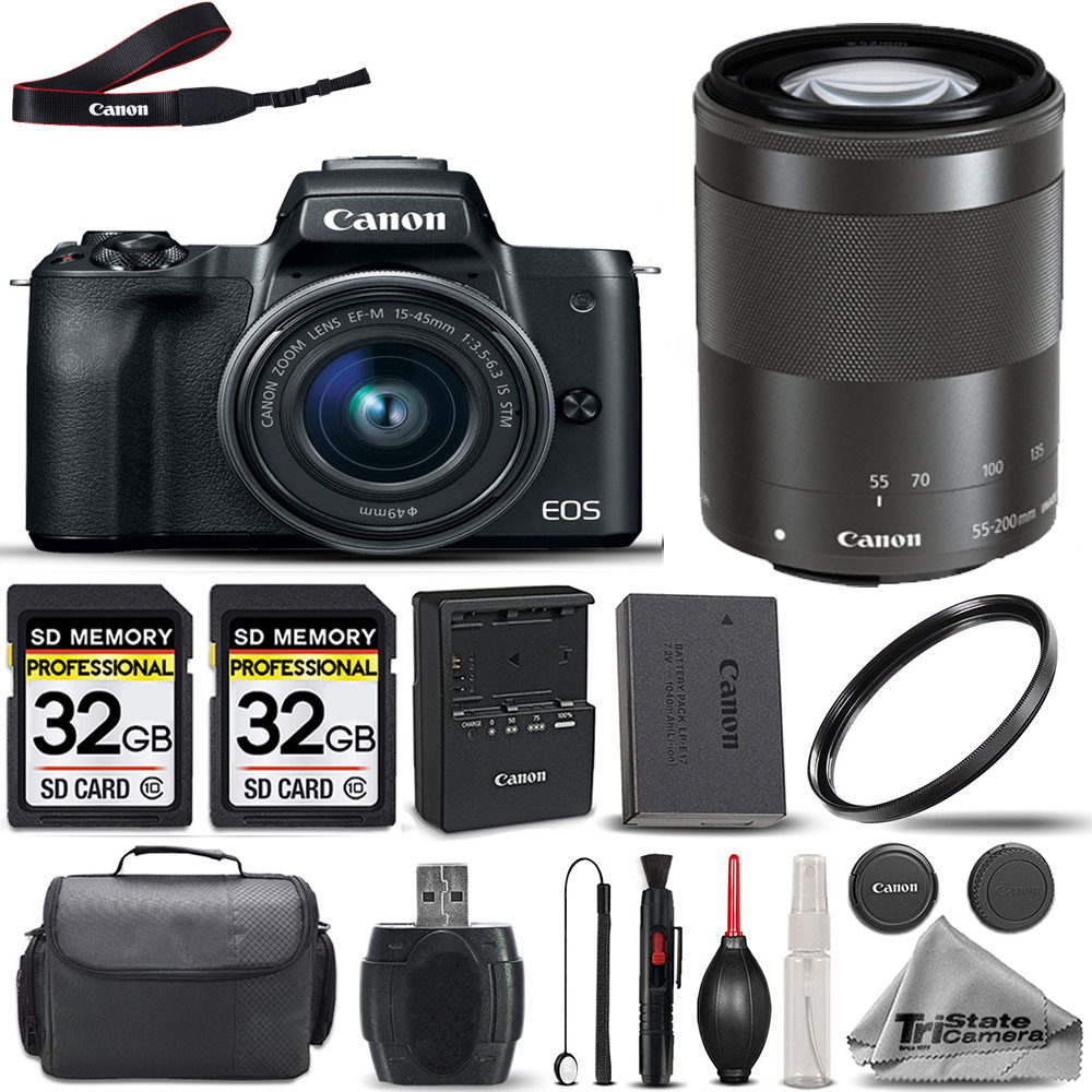 Canon EOS M50 II Camera + 15-45mm Lens + 55-200mm Lens + 64GB - Basic Bundle *FREE SHIPPING*