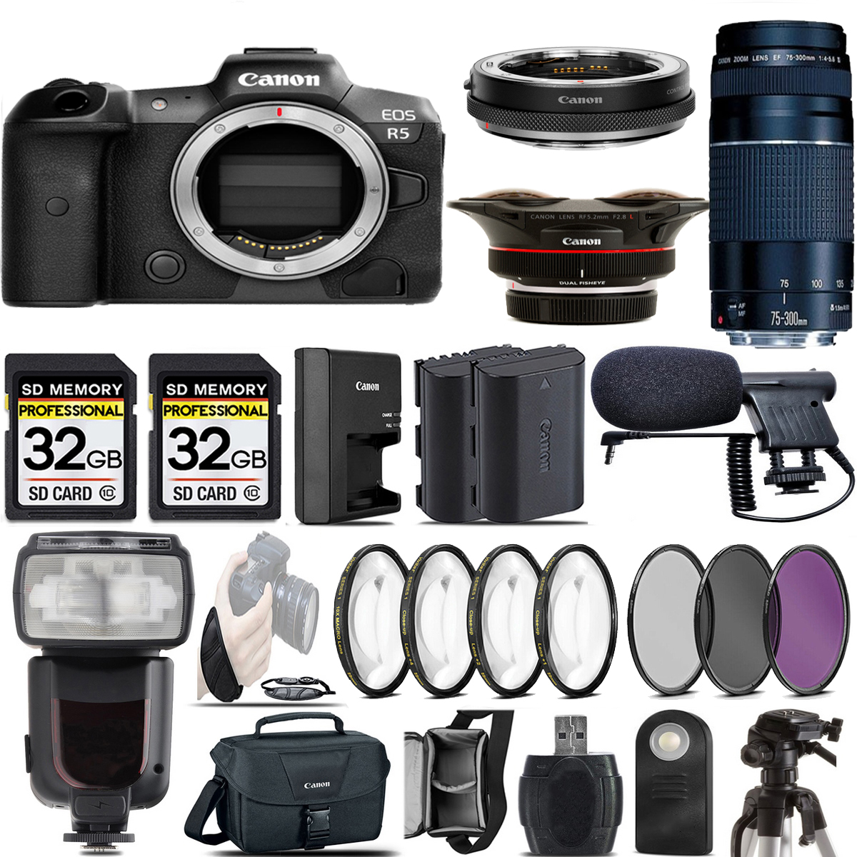 EOS R5 Camera + 5.2mm 2.8L + 75- 300 III + EF-EOS R Adapter + Flash - Kit *FREE SHIPPING*