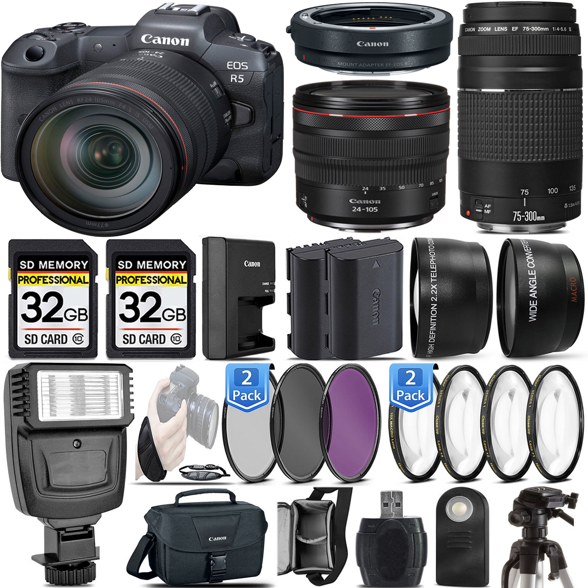 EOS R5 Mirrorless SLR Camera + 24-105mm f/4L IS USM + 75- 300 III - 64GB Kit *FREE SHIPPING*