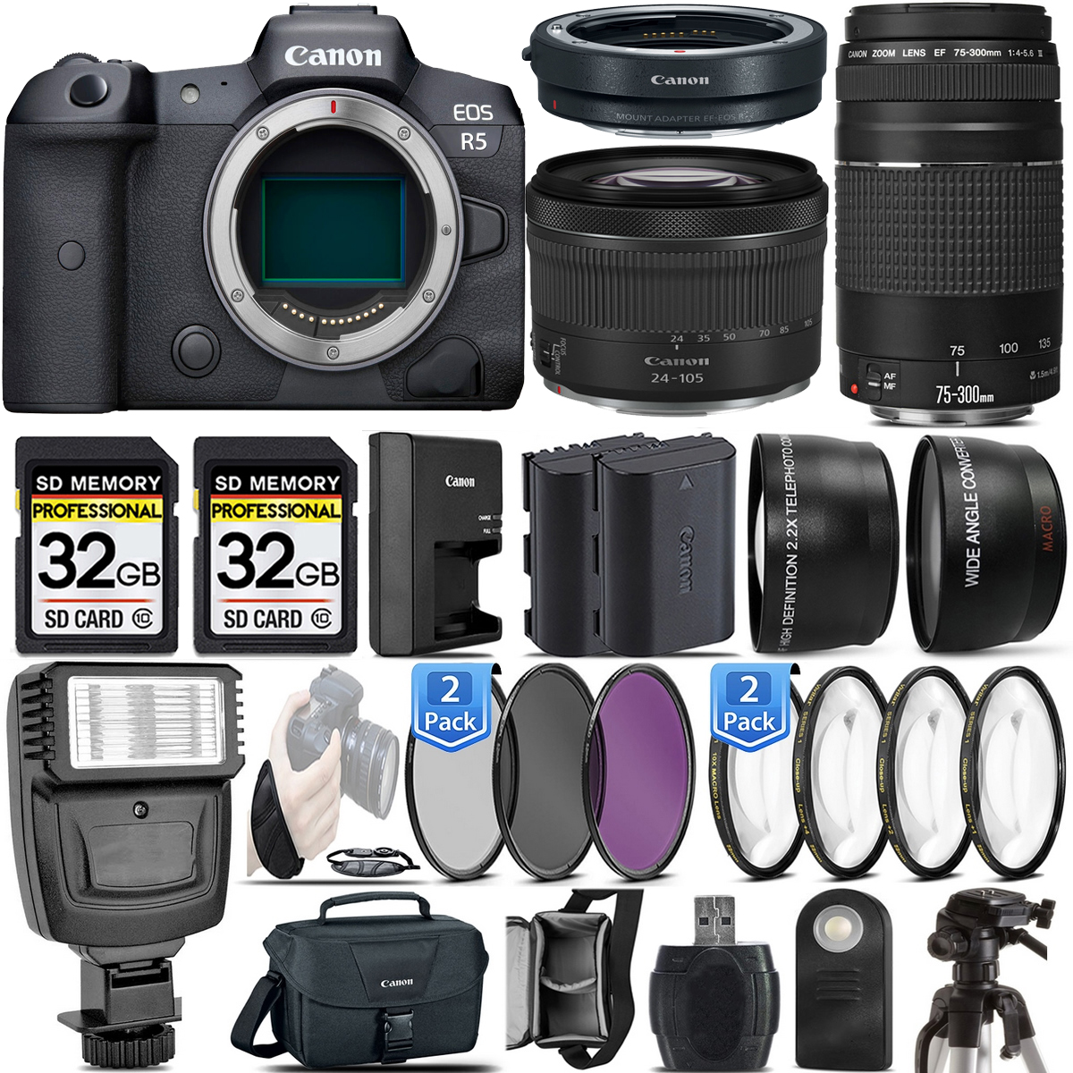 EOS R5 SLR Camera + 24-105mm f/4-7.1 Lens IS STM + 75- 300 III - 64GB Kit *FREE SHIPPING*