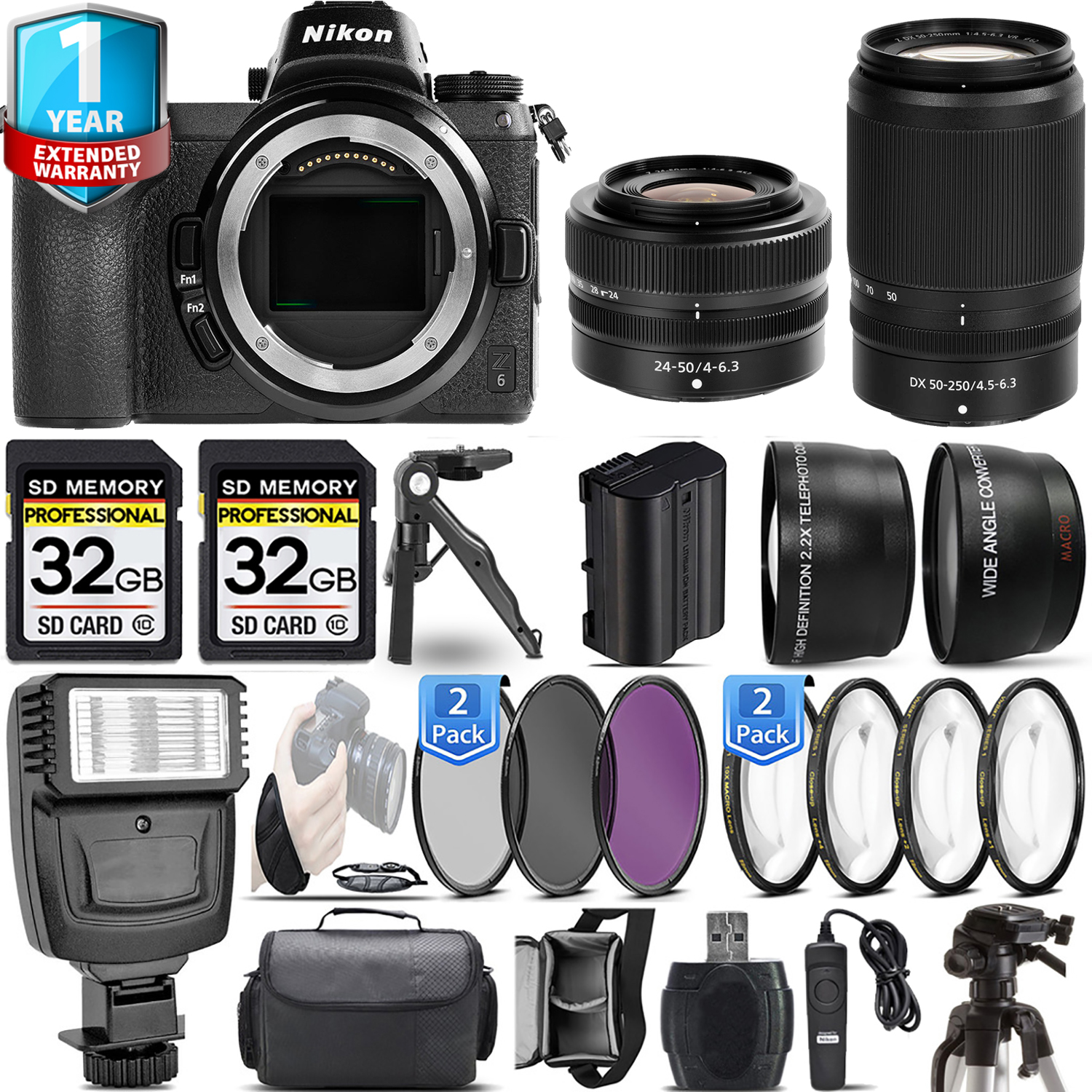 Z6 Mirrorless Camera + 50-250mm + 24-50mm + 1 Year Extended Warranty + 64GB Basic Kit *FREE SHIPPING*