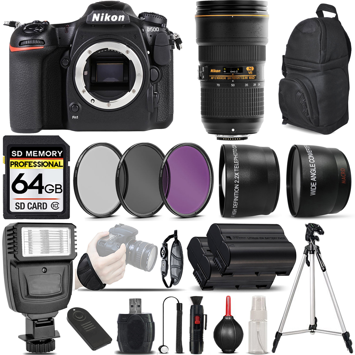 D500 DSLR Camera Digital Camera + 24-70mm + Flash - 64GB Basic Bundle *FREE SHIPPING*