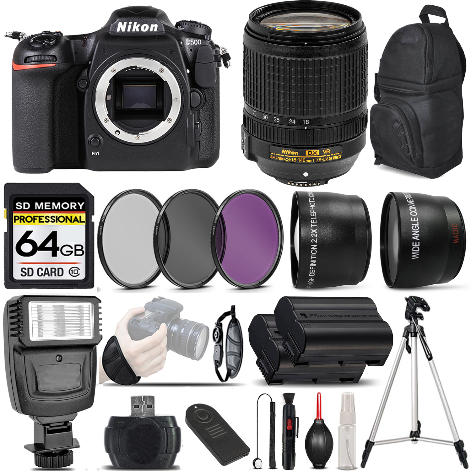 D500 DSLR Camera + 18-140mm VR AF-S Lens + 3 Piece Filter Set + 64GB Savings Bundle *FREE SHIPPING*