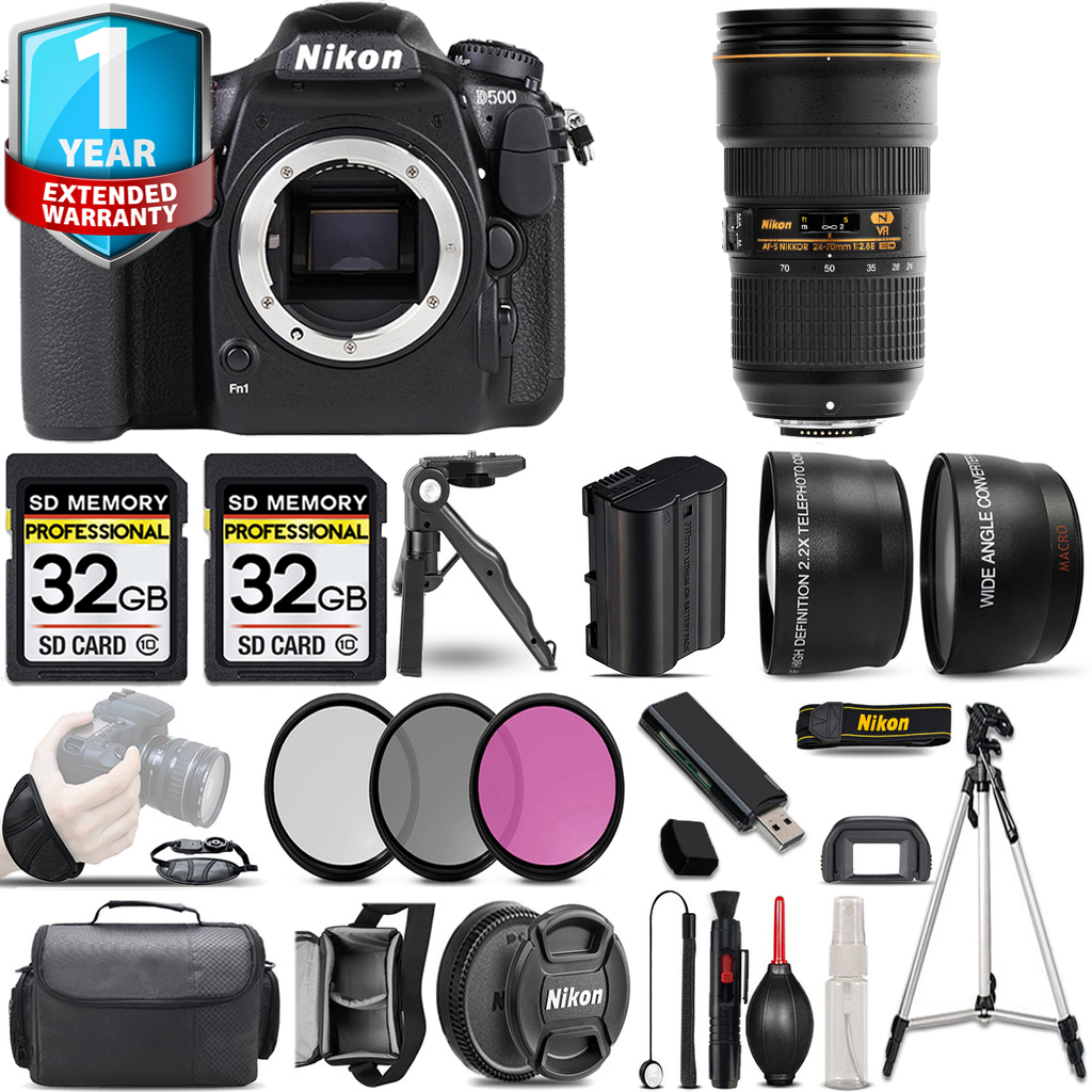 D500 DSLR Camera Camera + 24-70mm Lens + 3 Piece Filter Set + 1 Year Extended Warranty - 64GB Kit *FREE SHIPPING*