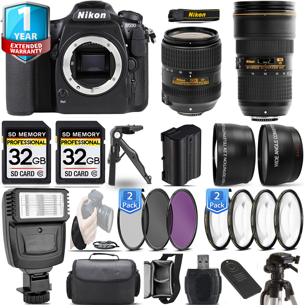 D500 DSLR Camera + 18- 300mm Lens + 24-70mm Lens + Flash + 1 Year Extended Warranty Kit *FREE SHIPPING*