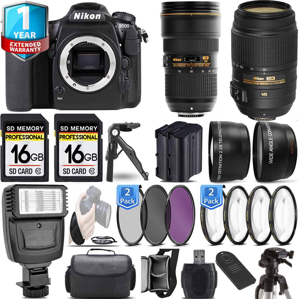 D500 DSLR Camera Camera + 55- 300mm Lens + 24-70mm Lens + 32GB + 1 Year Extended Warranty *FREE SHIPPING*