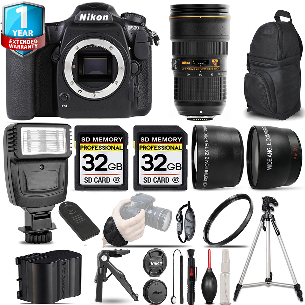 D500 DSLR Camera Camera + 24-70mm Lens + Flash + 1 Year Extended Warranty + 64GB & More! *FREE SHIPPING*