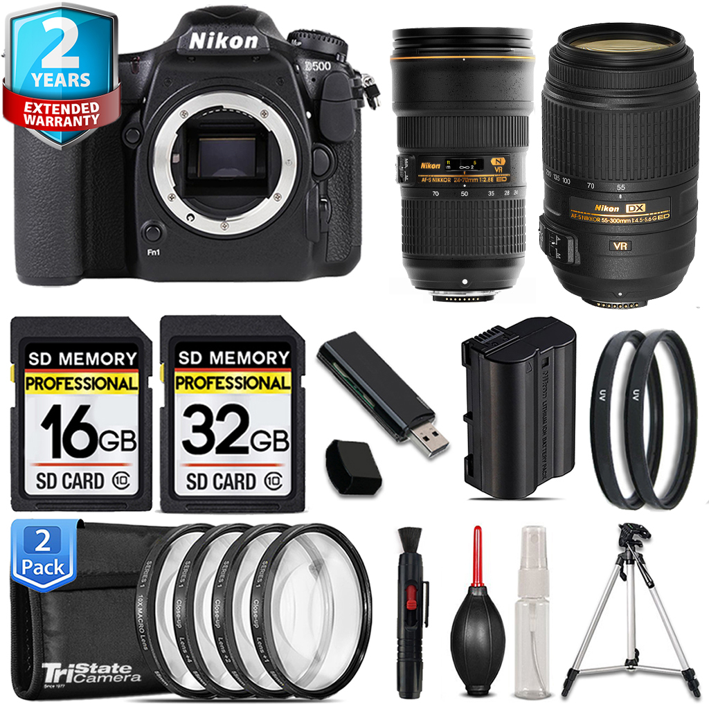 D500 DSLR Camera Camera + 55- 300mm Lens + 24-70mm Lens + 4 Piece Macro Set - 48GB Kit *FREE SHIPPING*