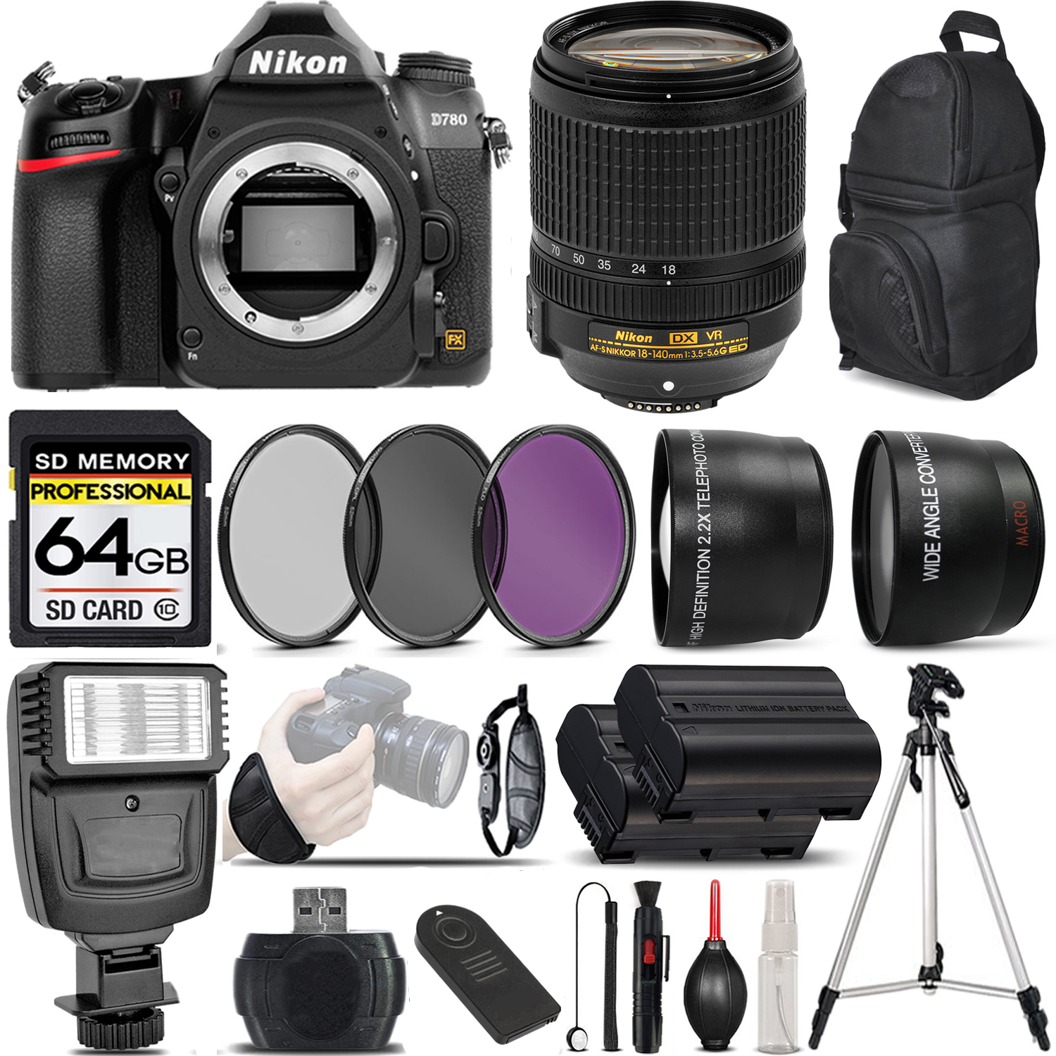 D780 DSLR Camera + 18-140mm VR AF-S Lens + 3 Piece Filter Set + 64GB Savings Bundle *FREE SHIPPING*