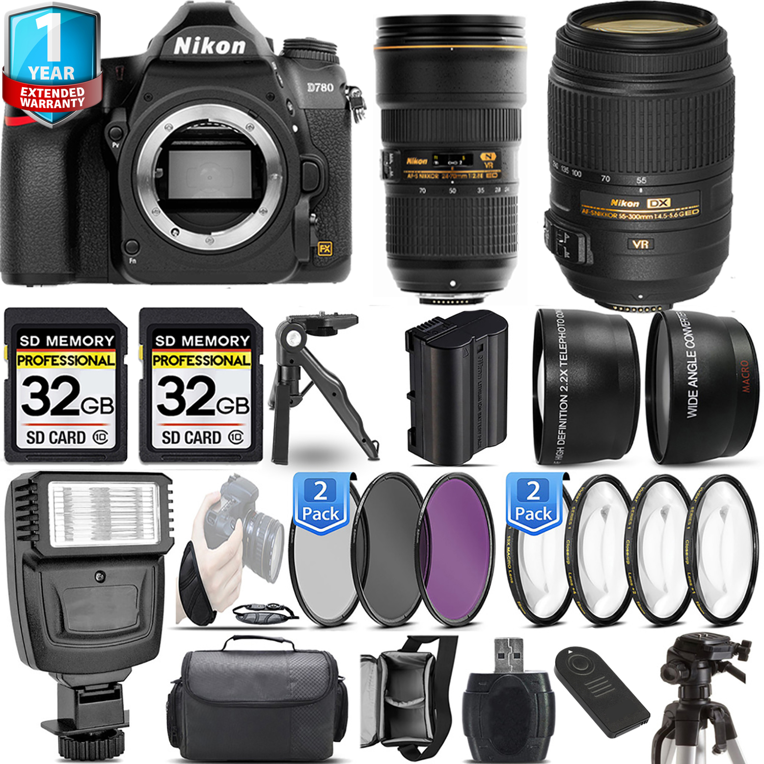 D780 DSLR Camera Camera + 55- 300mm + 24-70mm + 1 Year Extended Warranty + 64GB Basic Kit *FREE SHIPPING*