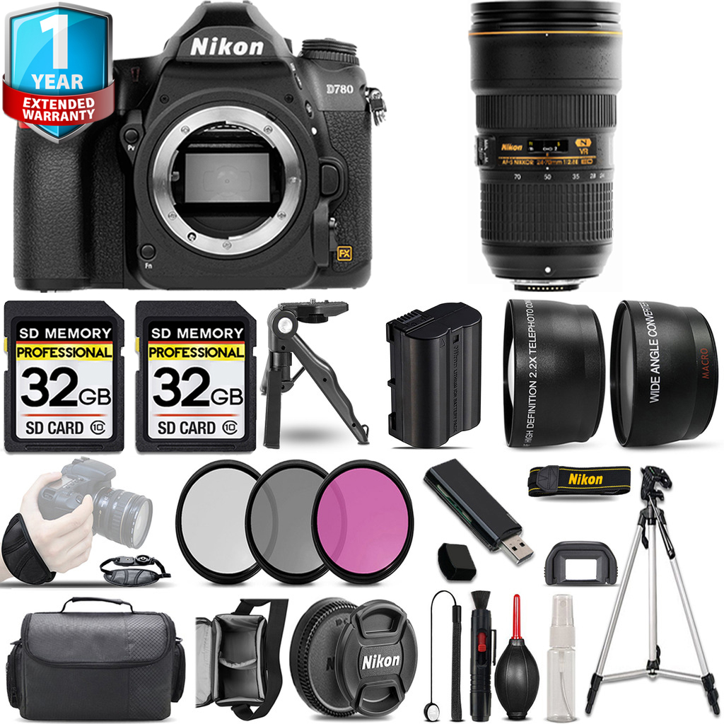 D780 DSLR Camera Camera + 24-70mm Lens + 3 Piece Filter Set + 1 Year Extended Warranty - 64GB Kit *FREE SHIPPING*