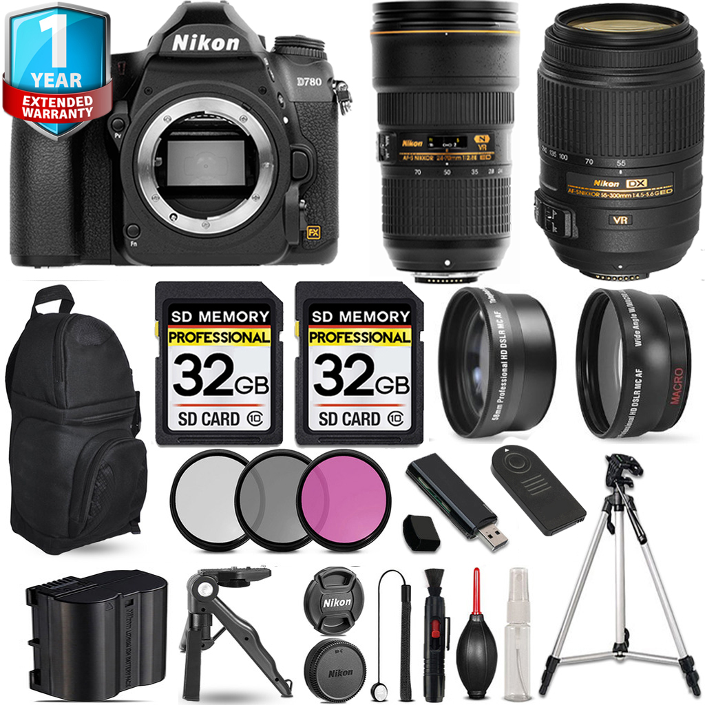 D780 Camera + 55- 300mm Lens + 24-70mm Lens + Backpack + 1 Year Extended Warranty + 64GB *FREE SHIPPING*