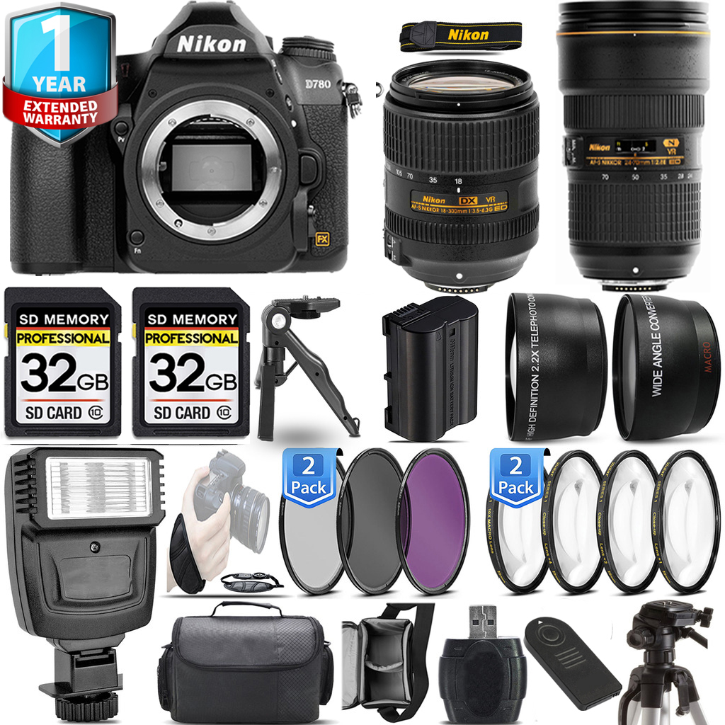 D780 DSLR Camera + 18- 300mm Lens + 24-70mm Lens + Flash + 1 Year Extended Warranty Kit *FREE SHIPPING*
