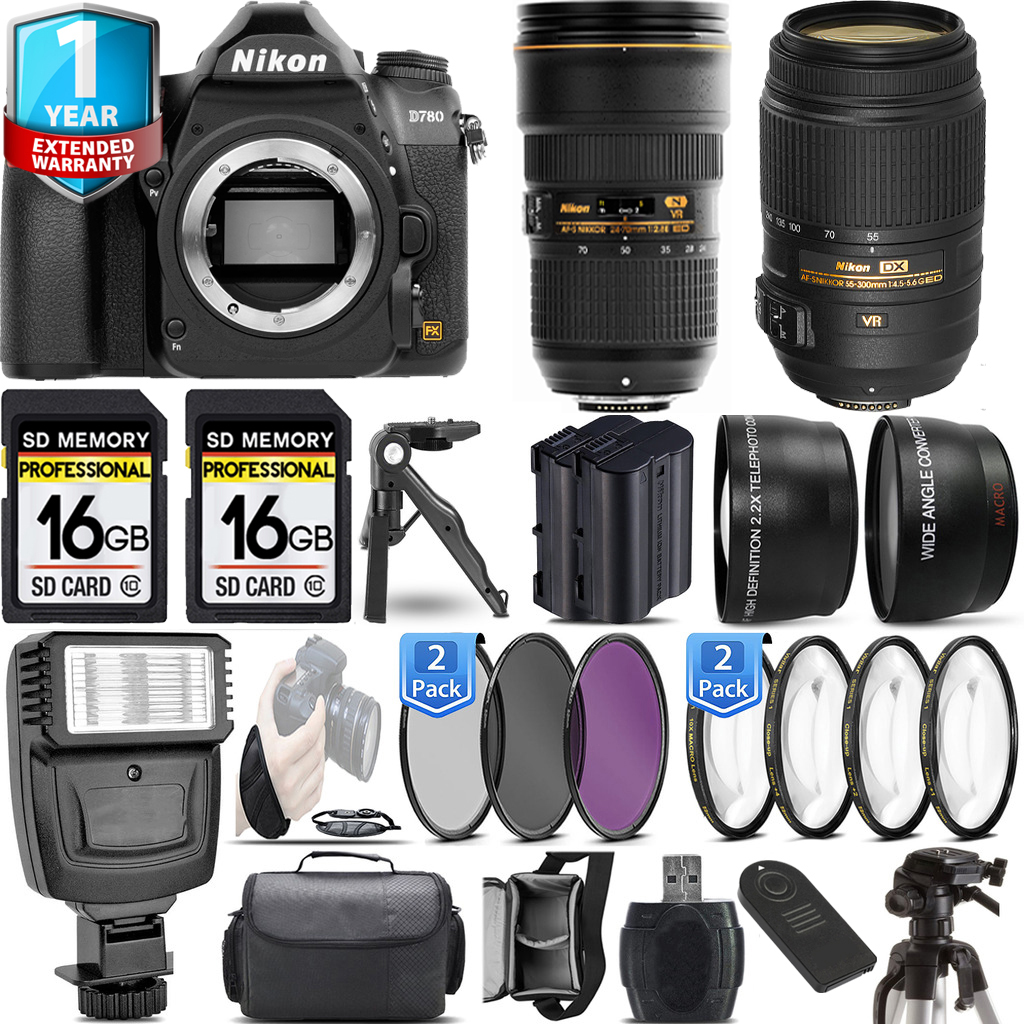 D780 DSLR Camera Camera + 55- 300mm Lens + 24-70mm Lens + 32GB + 1 Year Extended Warranty *FREE SHIPPING*