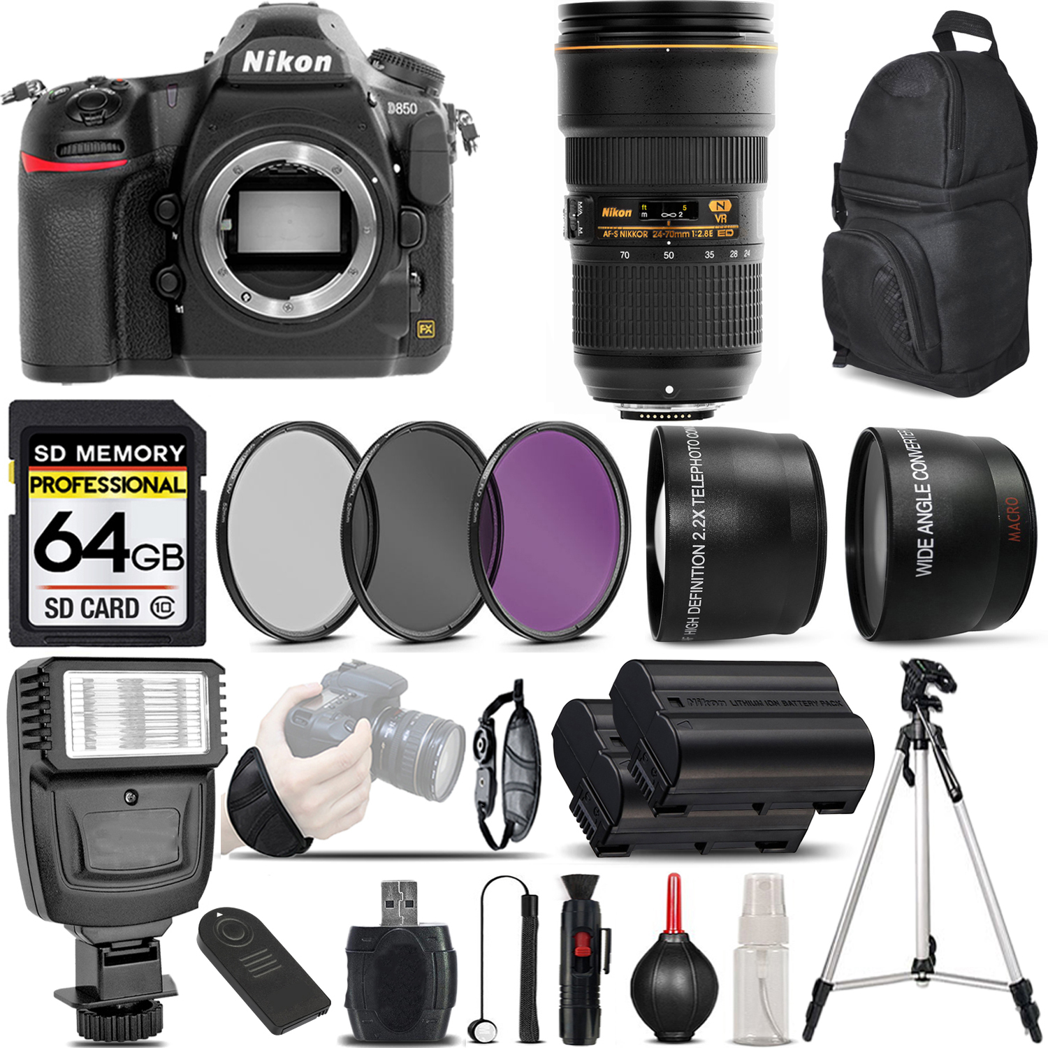 D850 DSLR Camera Digital Camera + 24-70mm + Flash - 64GB Basic Bundle *FREE SHIPPING*